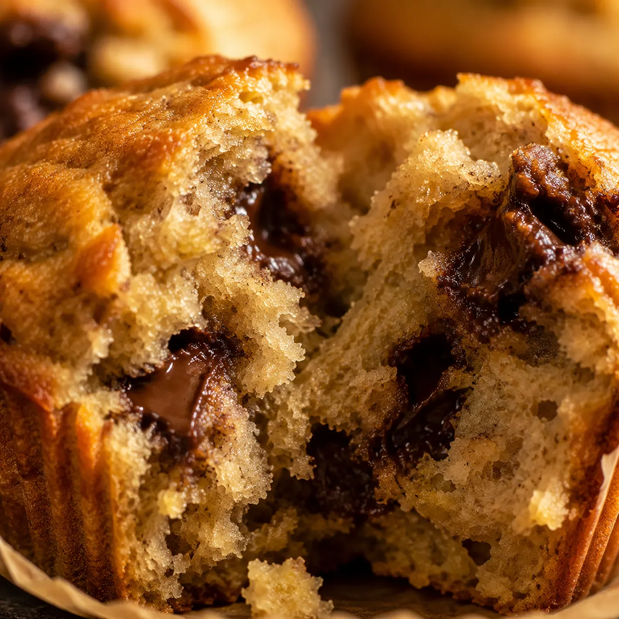 Close-up of moist banana muffin crumb with melted chocolate chips