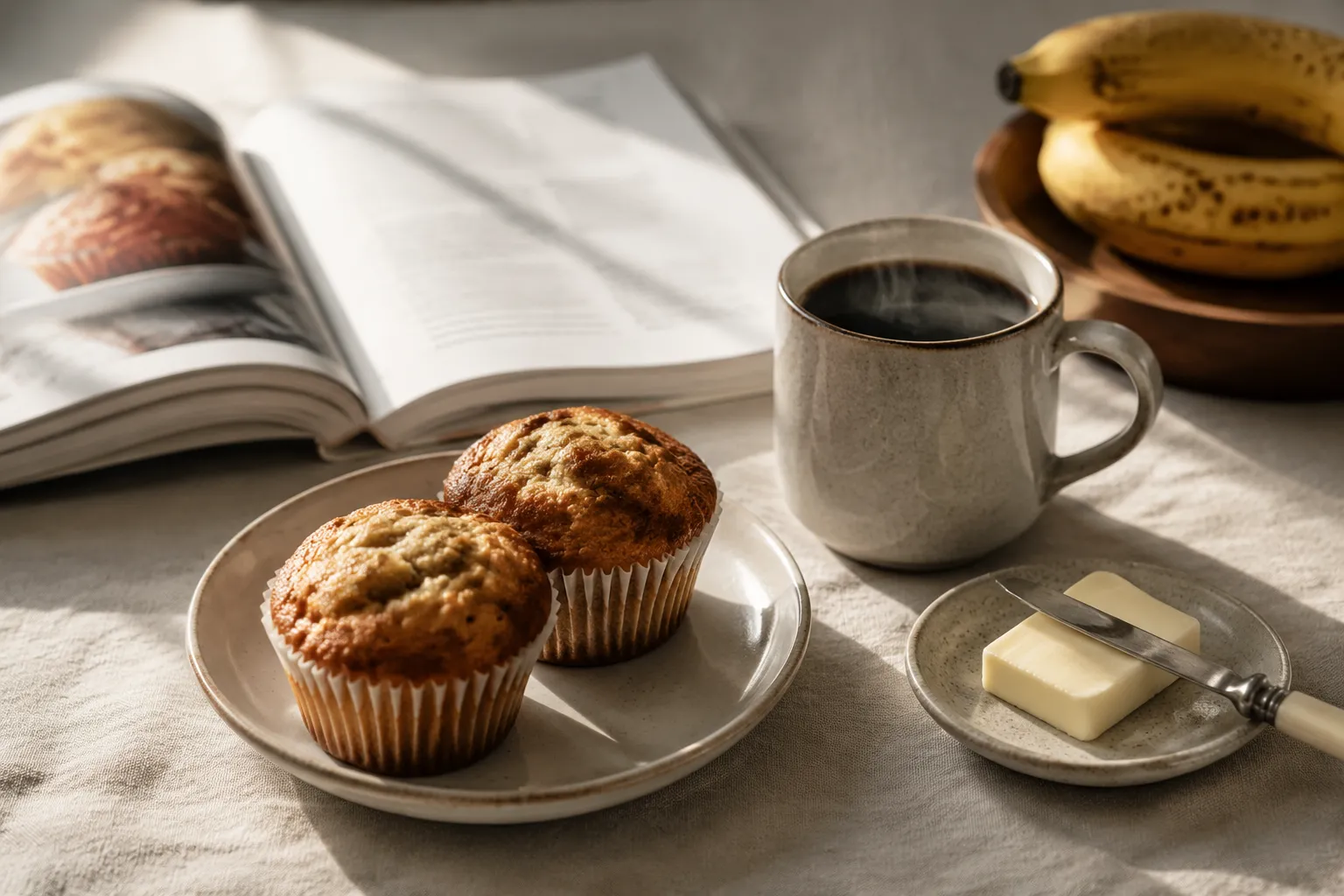 Banana muffin served with coffee and butter for breakfast
