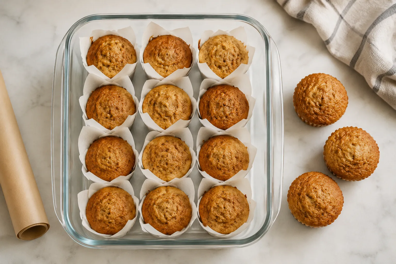Banana muffins wrapped in parchment for freezer storage