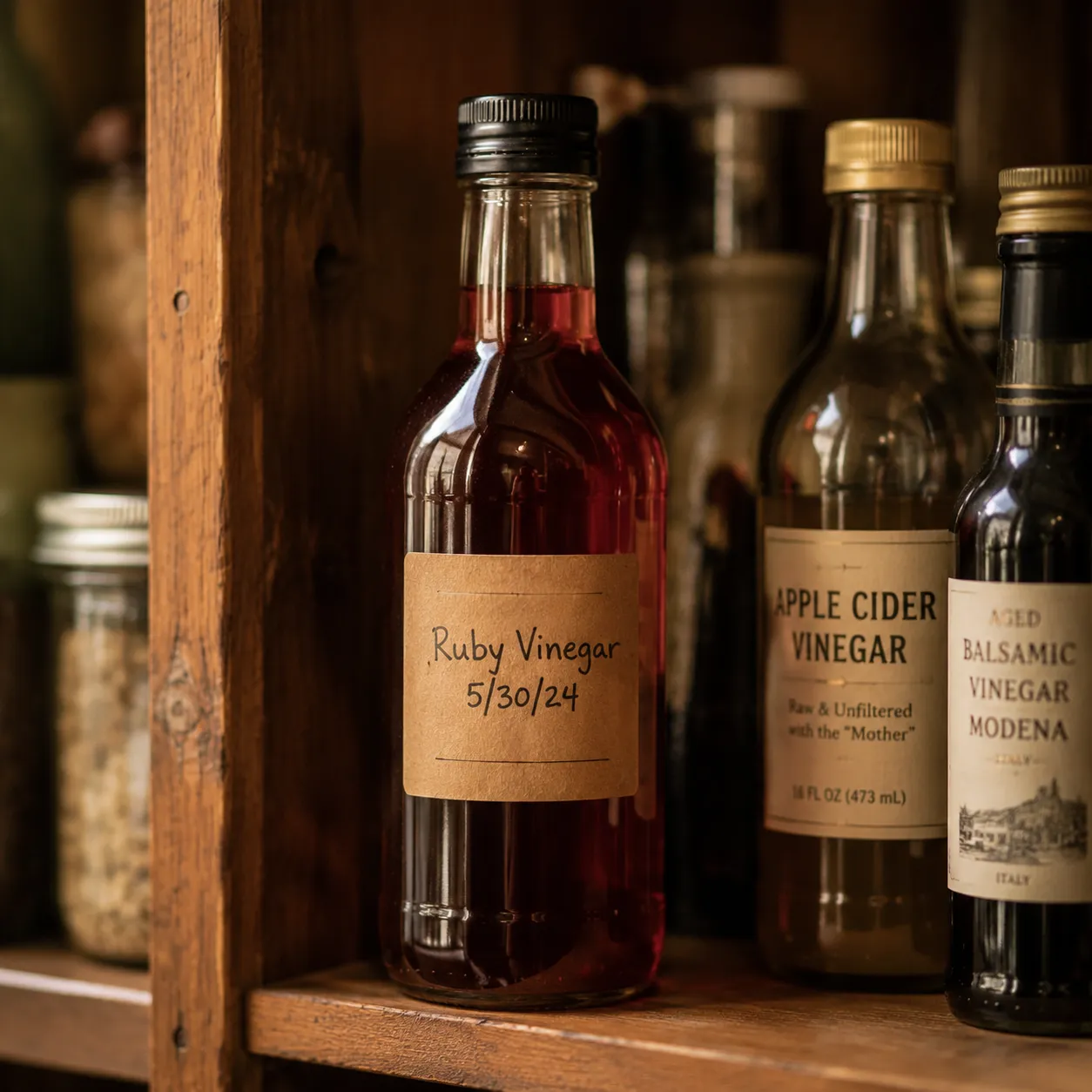 Storing a homemade red wine vinegar substitute in a labeled bottle