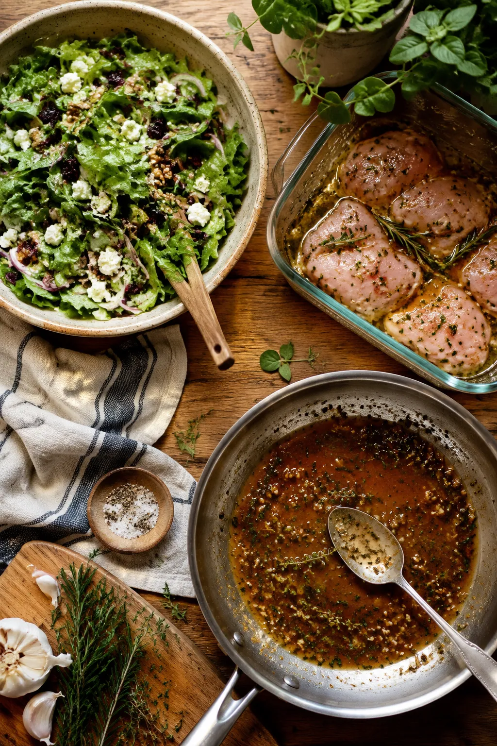 Three ways to use a red wine vinegar substitute: salad, marinade, and pan sauce