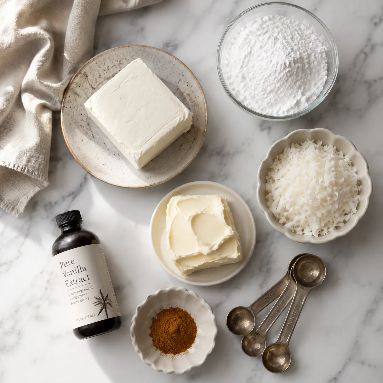 Irish potatoes recipe ingredients flatlay with coconut cream cheese and cinnamon