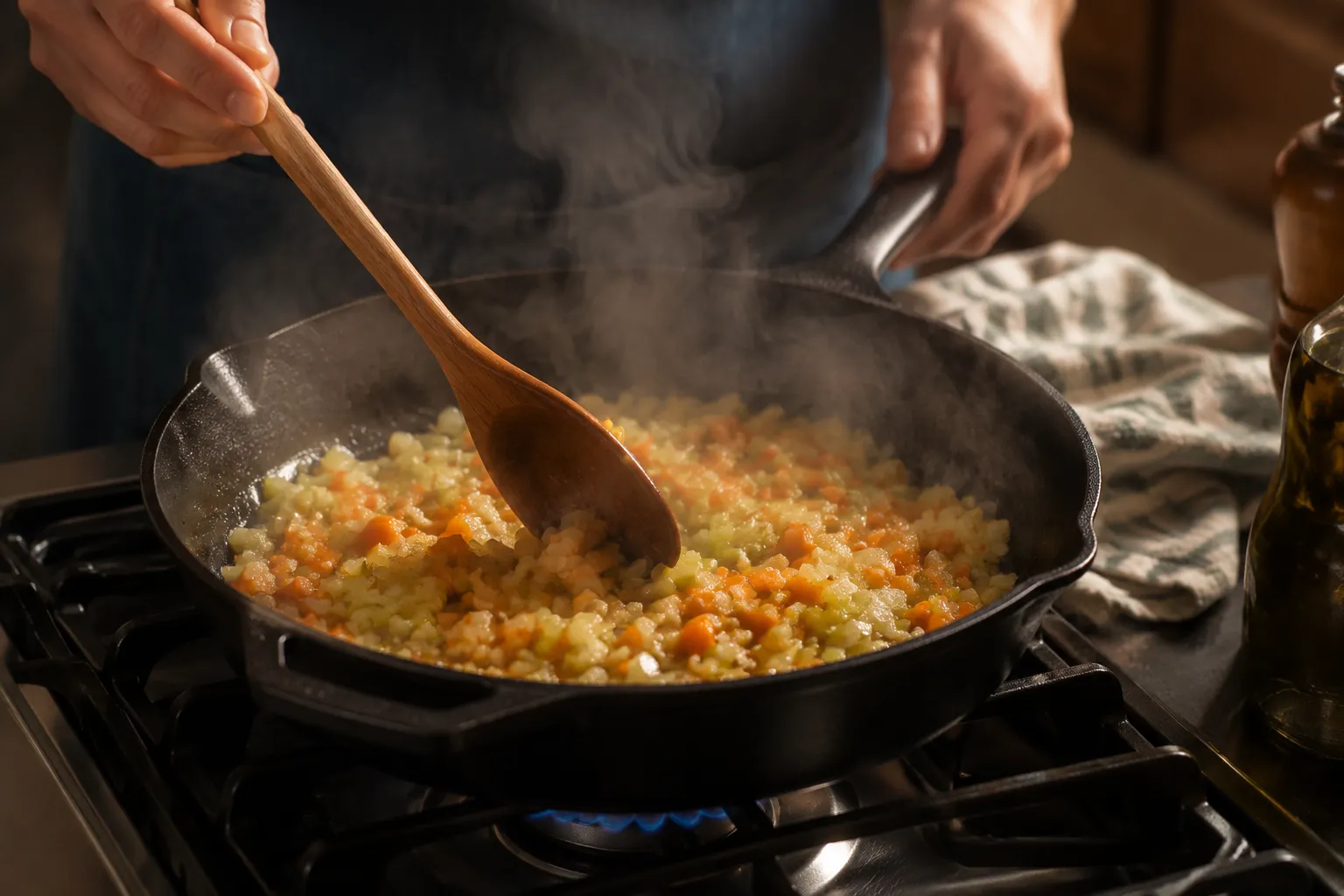 Sautéing vegetables in a skillet for turkey pot pie filling
