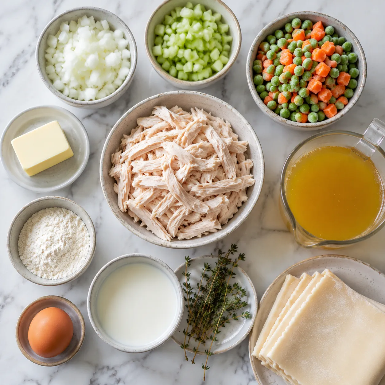 Turkey pot pie recipe ingredients flatlay with turkey, vegetables, and pie crust