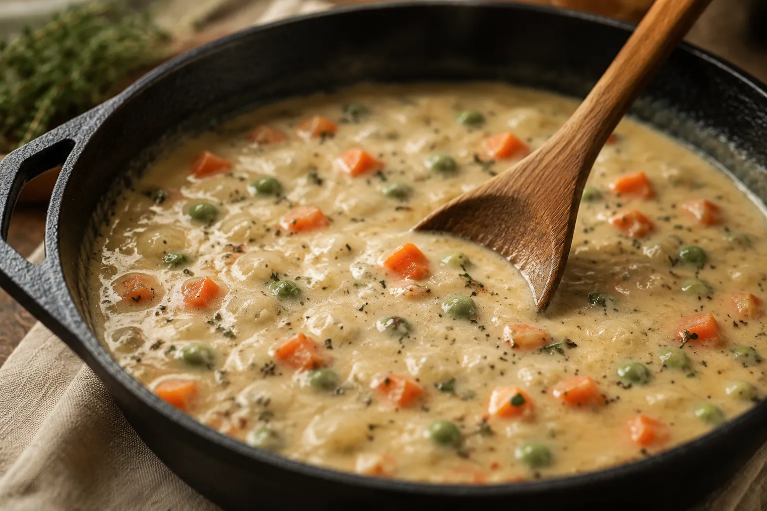 Creamy gravy thickening with vegetables for turkey pot pie filling
