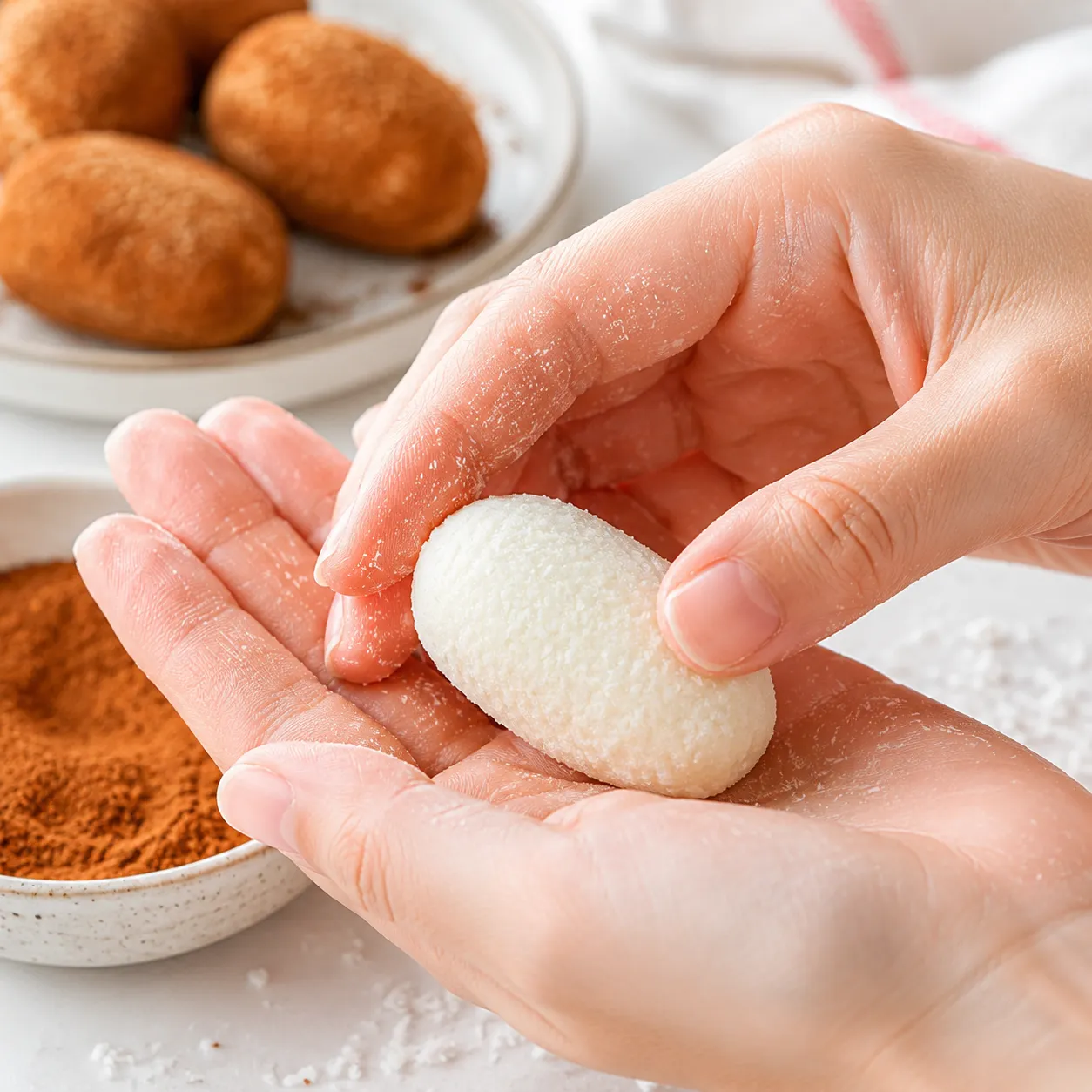 Hands shaping Irish potatoes candy and rolling in cinnamon