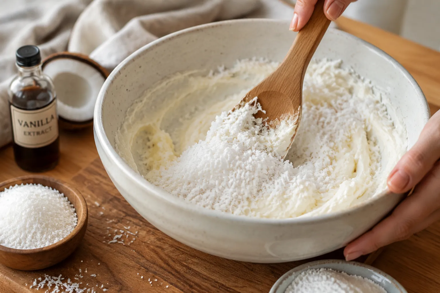 Folding shredded coconut into Irish potato candy dough