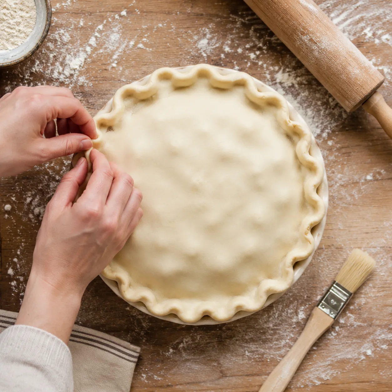 Crimping the top crust on an unbaked turkey pot pie