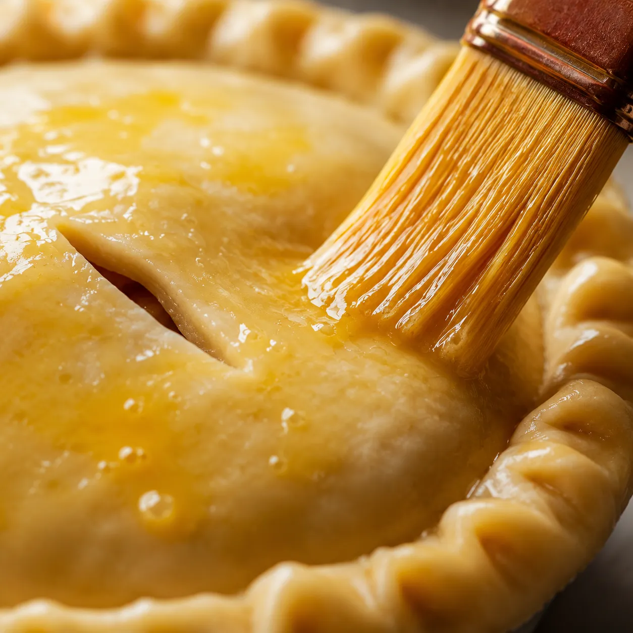 Brushing egg wash on turkey pot pie crust before baking