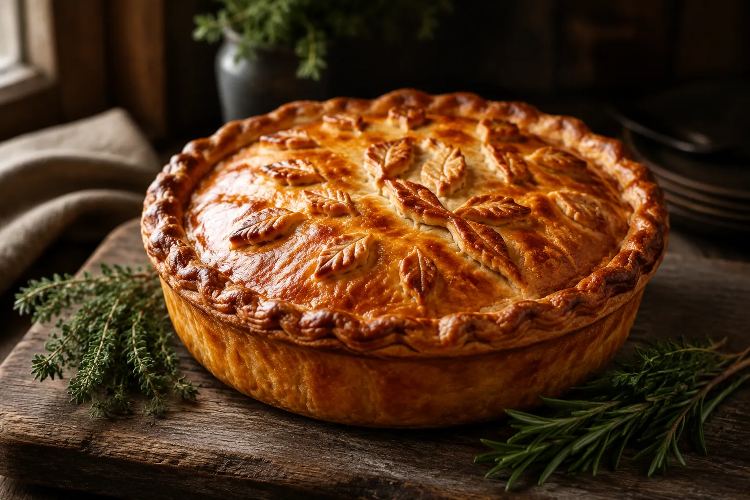Whole baked turkey pot pie with golden crust on a wooden board