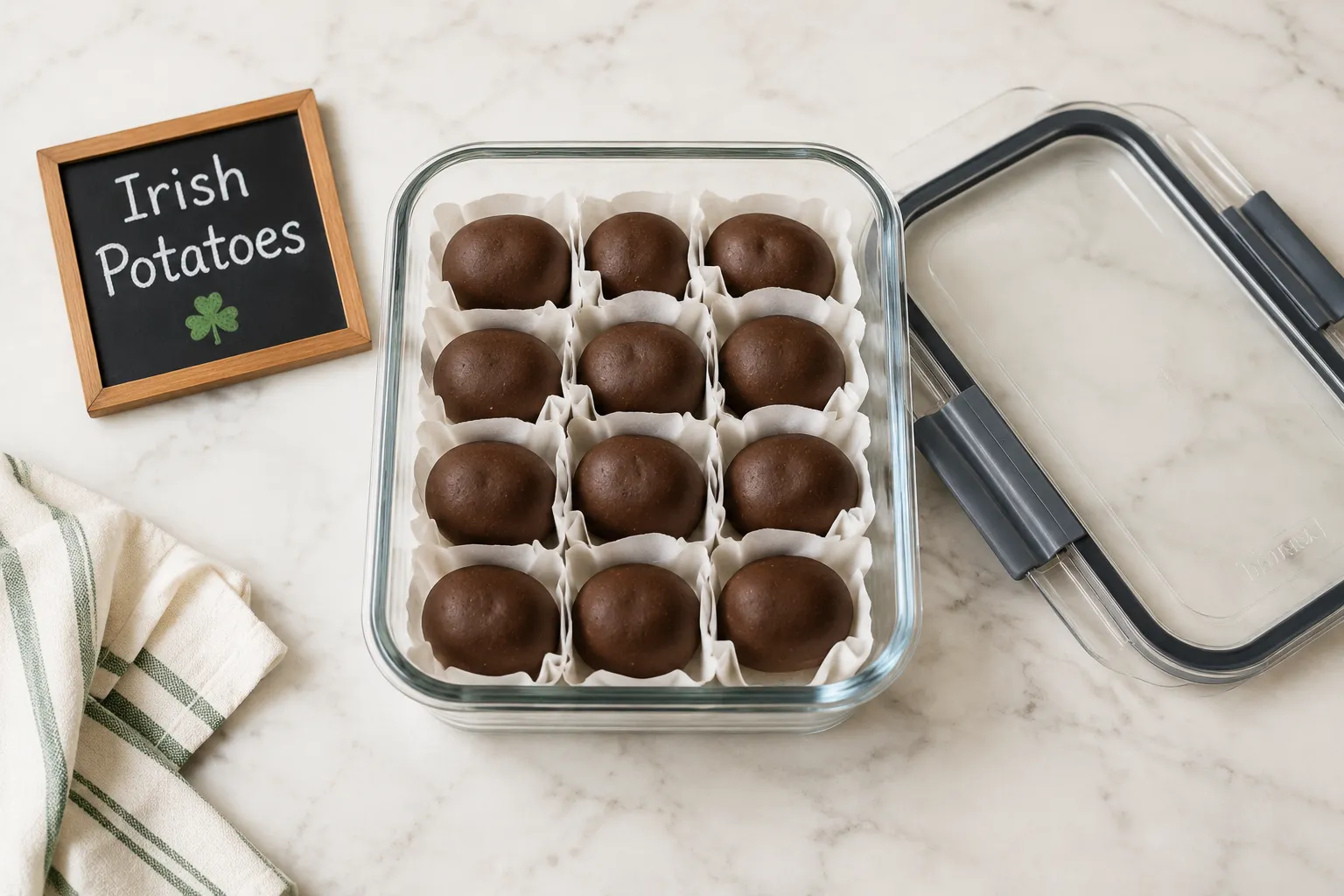 Storing homemade Irish potatoes candy in glass container