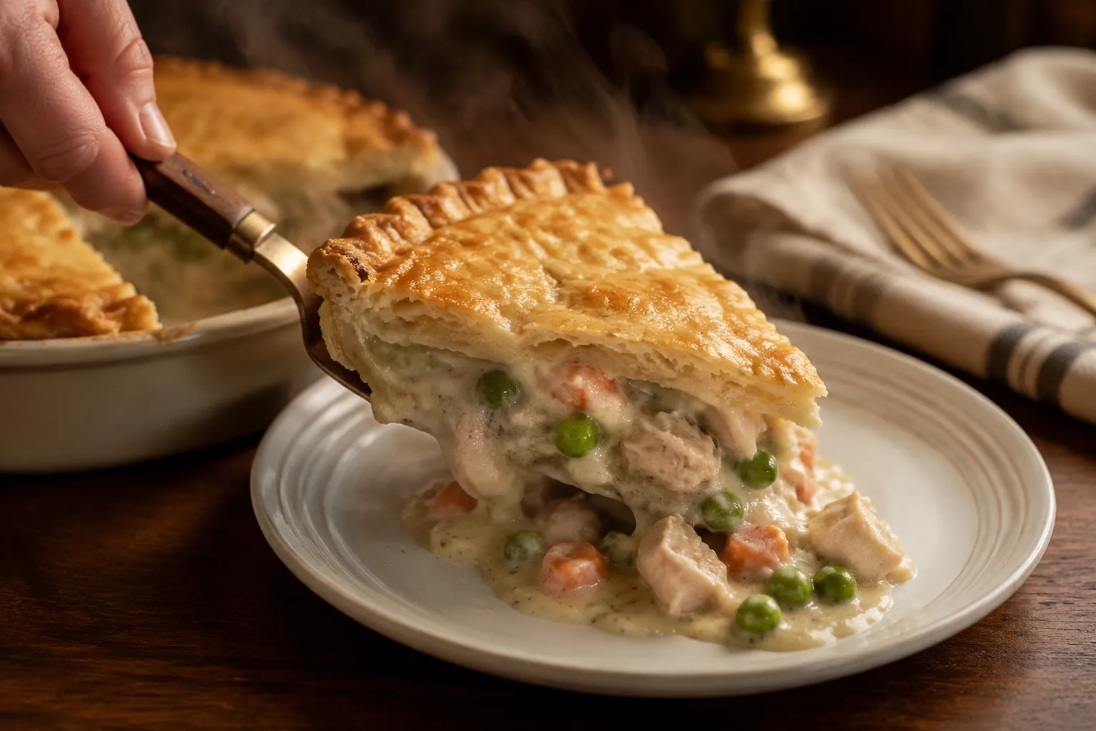 Serving a slice of turkey pot pie recipe with creamy vegetable filling