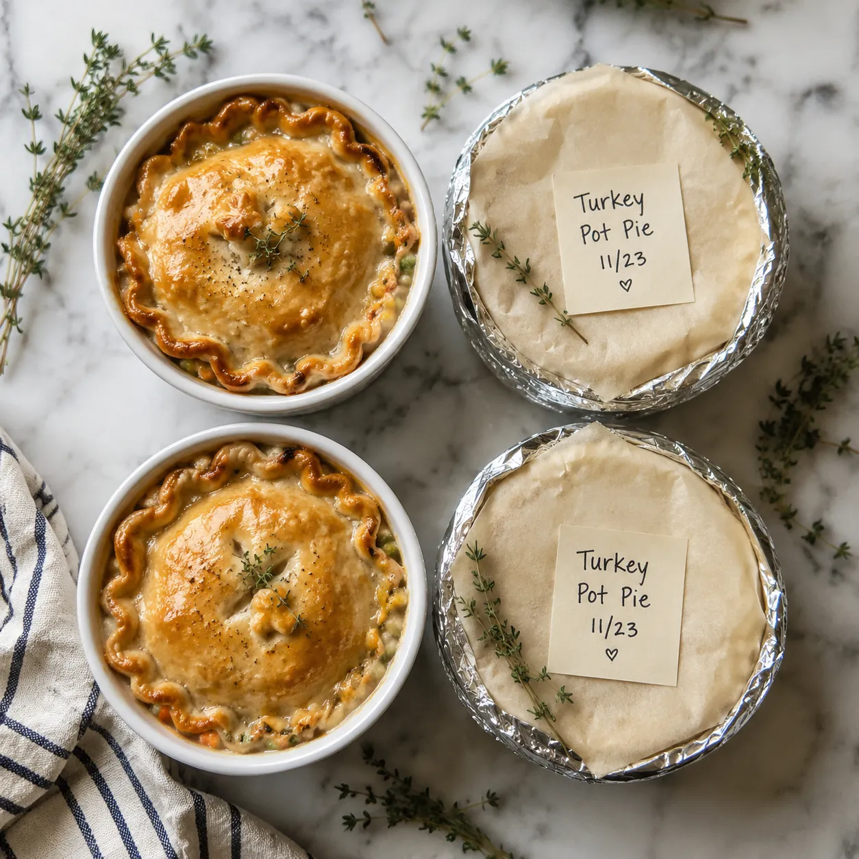 Mini turkey pot pies in ramekins prepared for freezing and storage