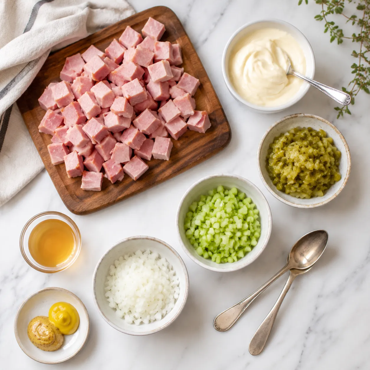 Ham salad recipe ingredients flatlay with ham, mayo, relish, celery, and mustard
