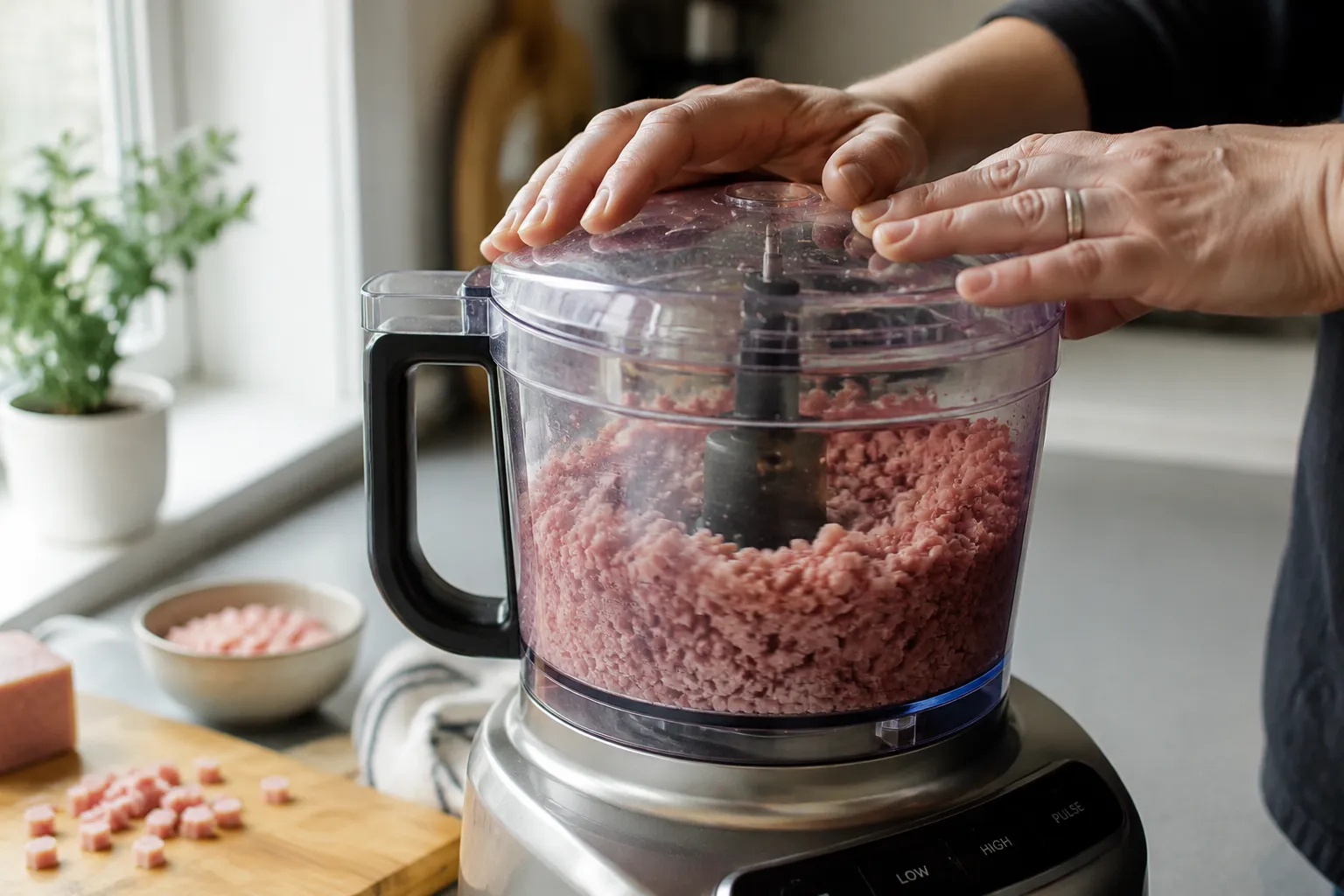 Pulsing ham in a food processor for ham salad recipe