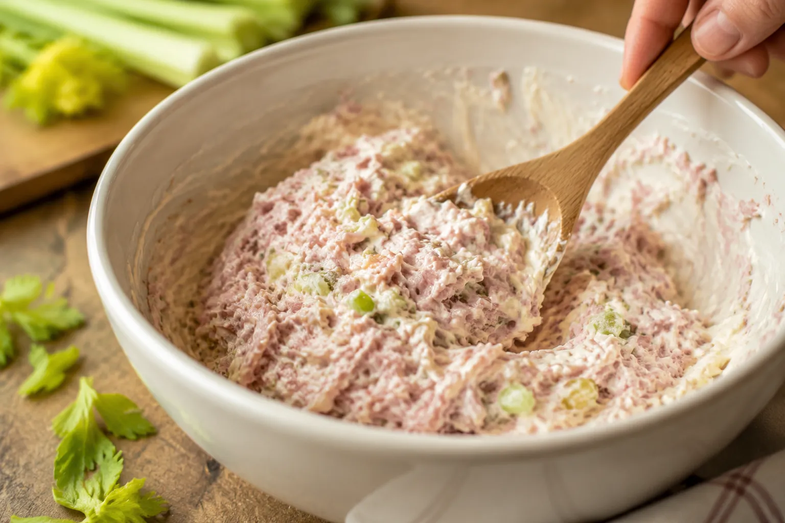 Folding chopped ham into creamy dressing for ham salad recipe