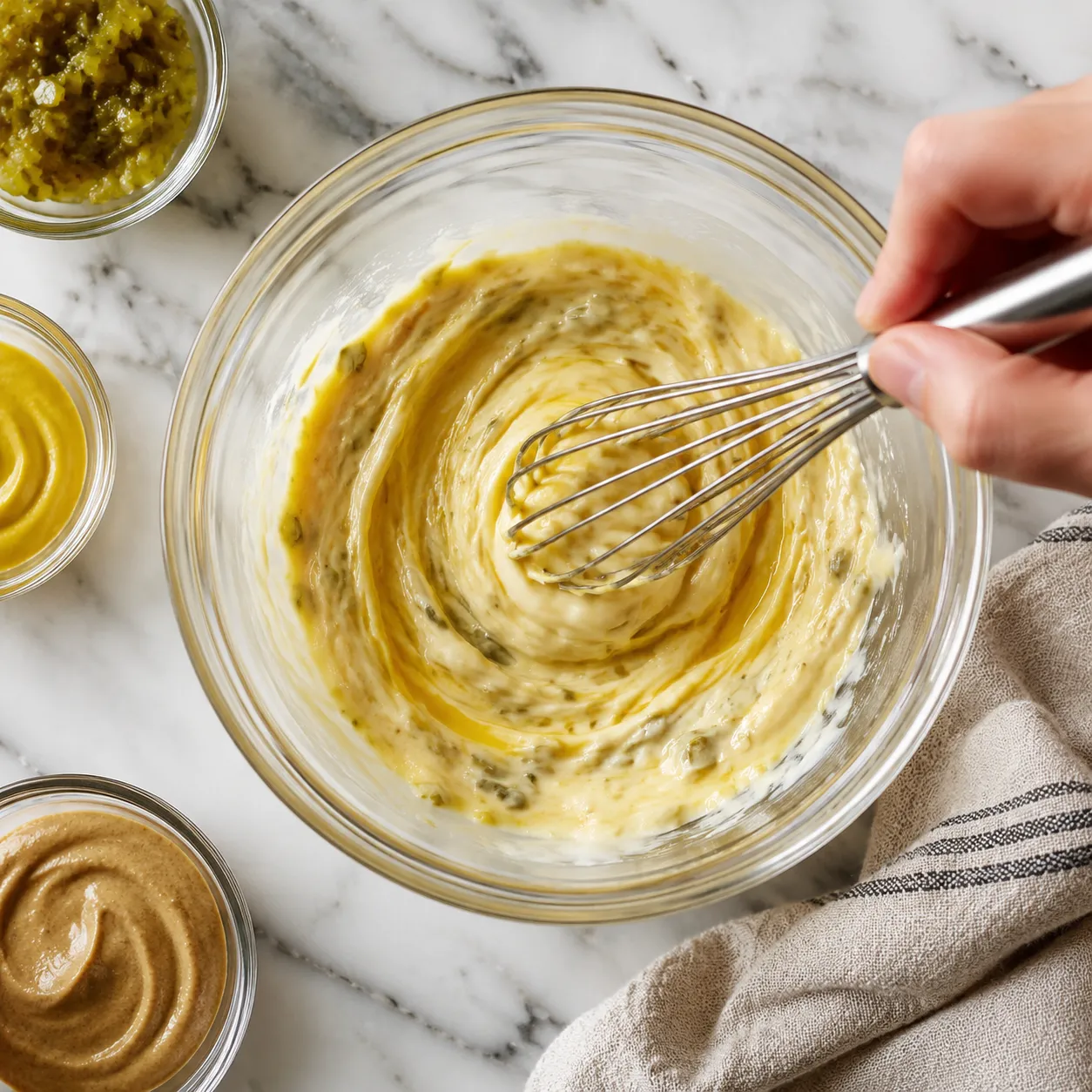 Whisking creamy mayo dressing for homemade ham salad