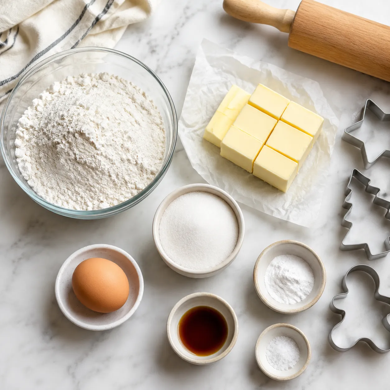 Ingredients flatlay for sugar cookies recipe for cut out shapes