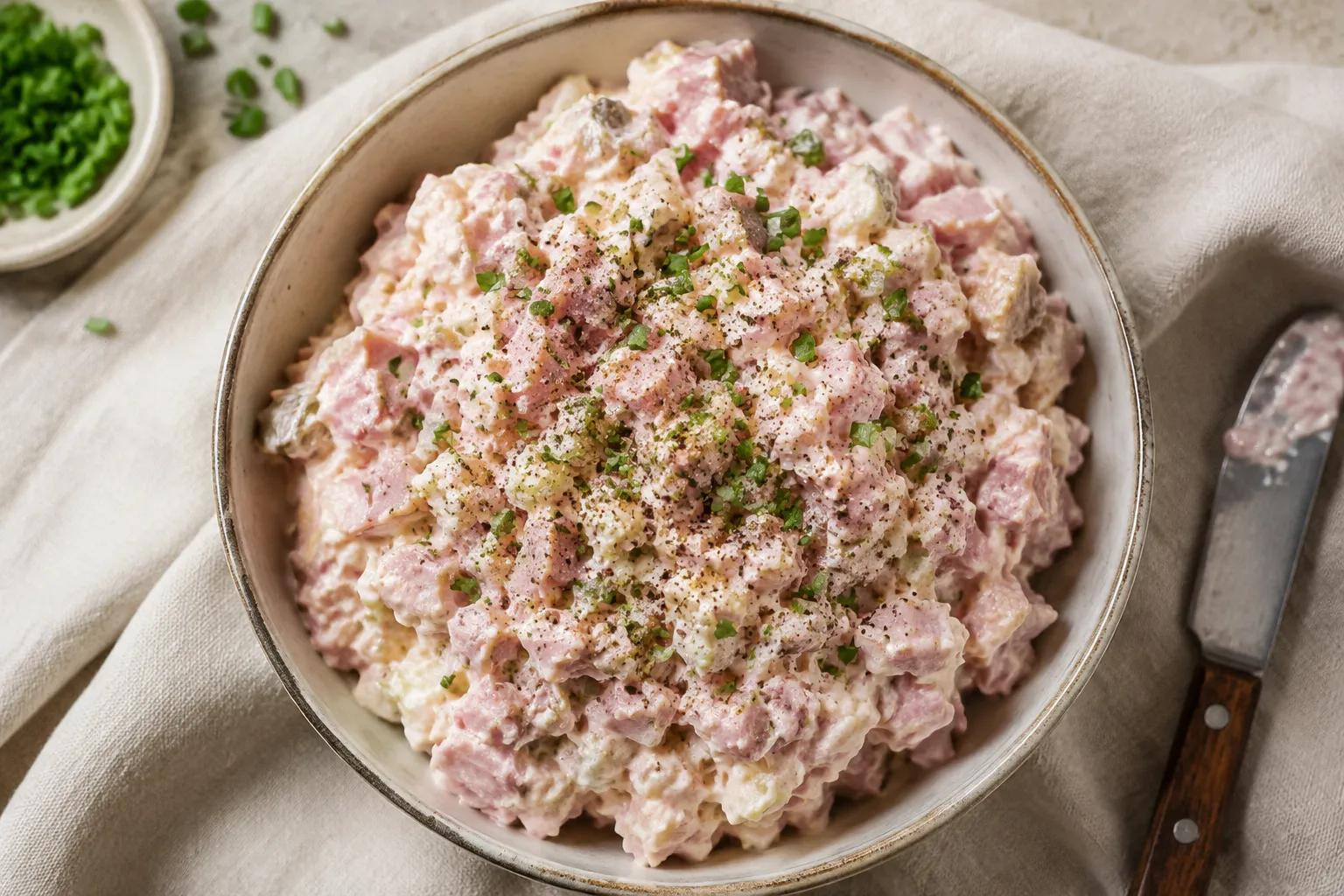 Bowl of creamy ham salad recipe topped with fresh chives