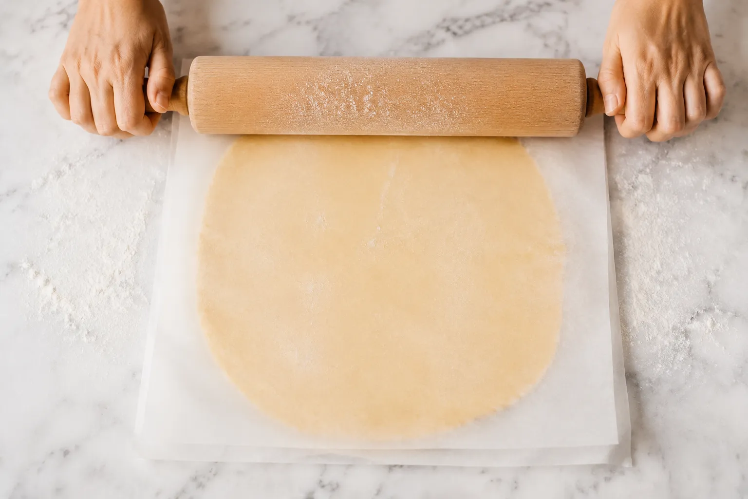 Rolling sugar cookie dough between parchment for clean cut out shapes