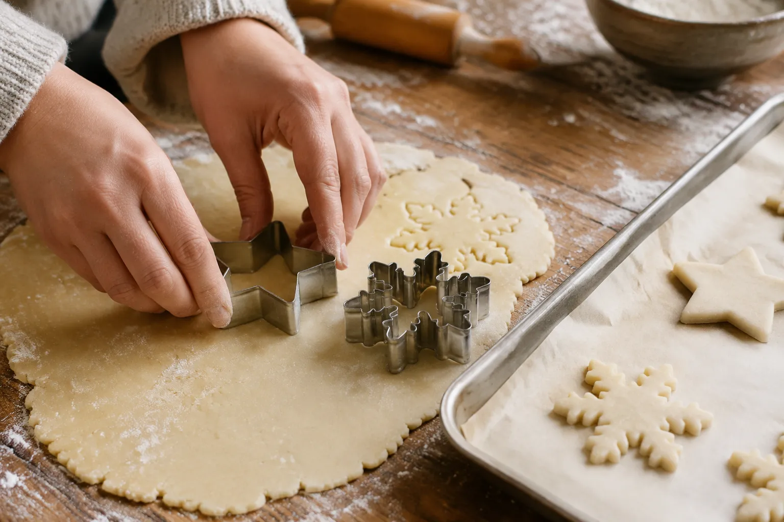 Cutting out sugar cookie shapes with metal cookie cutters