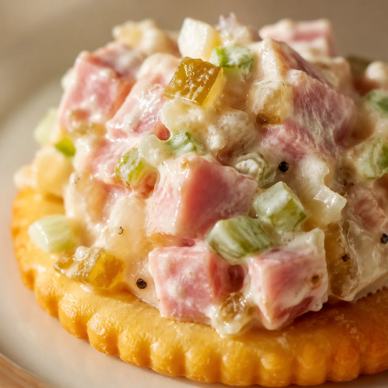 Close-up of ham salad on a buttery cracker showing creamy texture