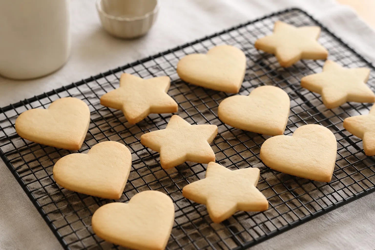 Freshly baked cut out sugar cookies cooling on a wire rack