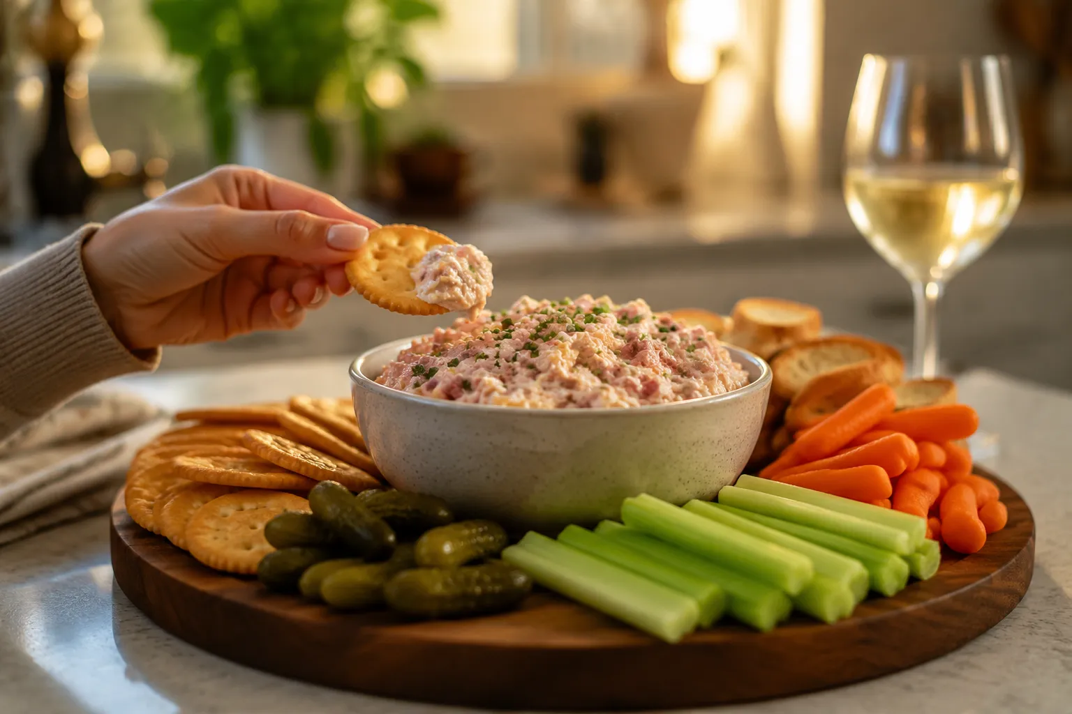 Ham salad recipe served as a party dip with crackers and veggies