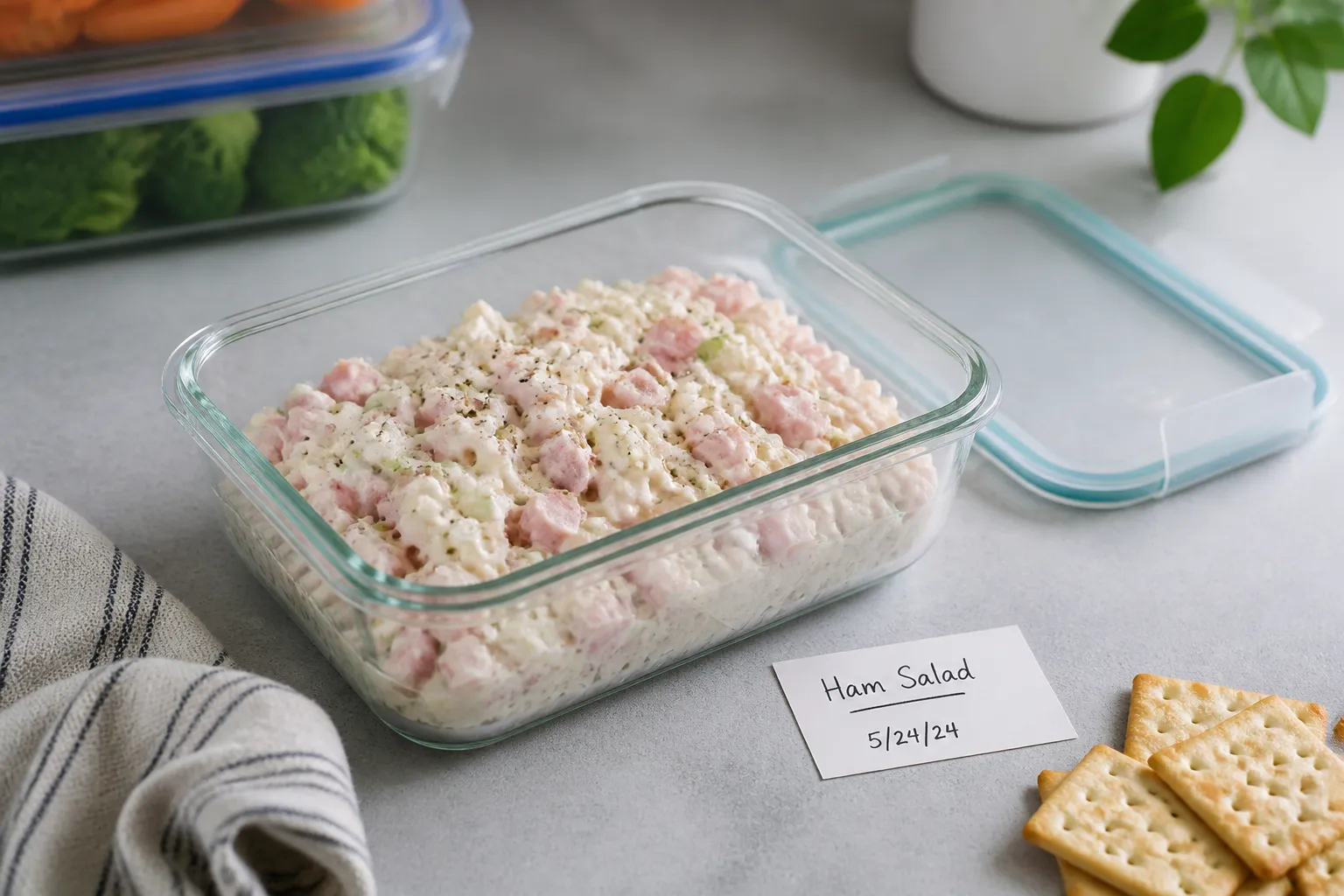 Ham salad stored in a glass container for fridge make-ahead