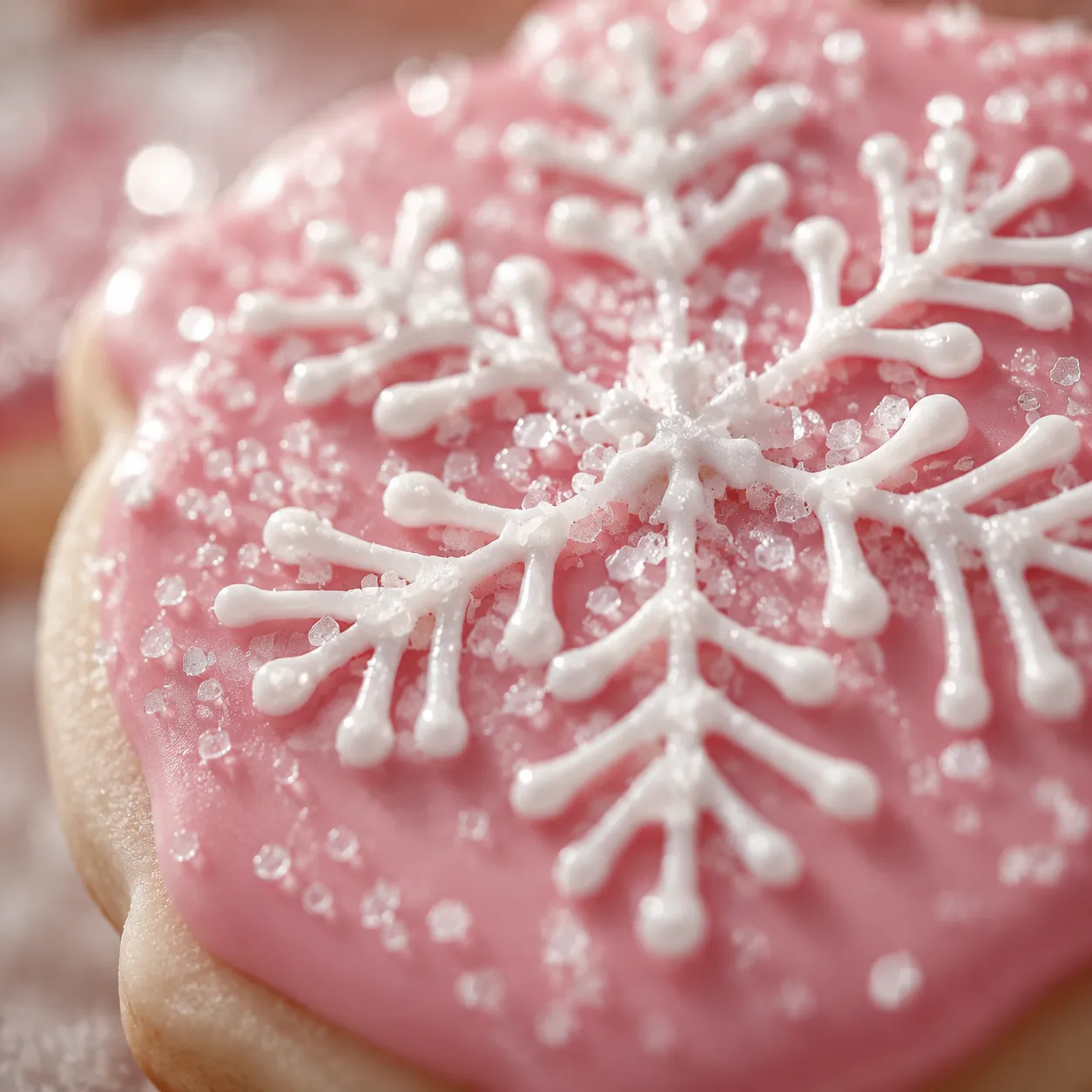 Macro close up of decorated cut out sugar cookie with royal icing