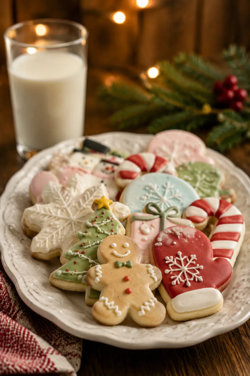 Decorated sugar cookies served on a holiday platter with milk