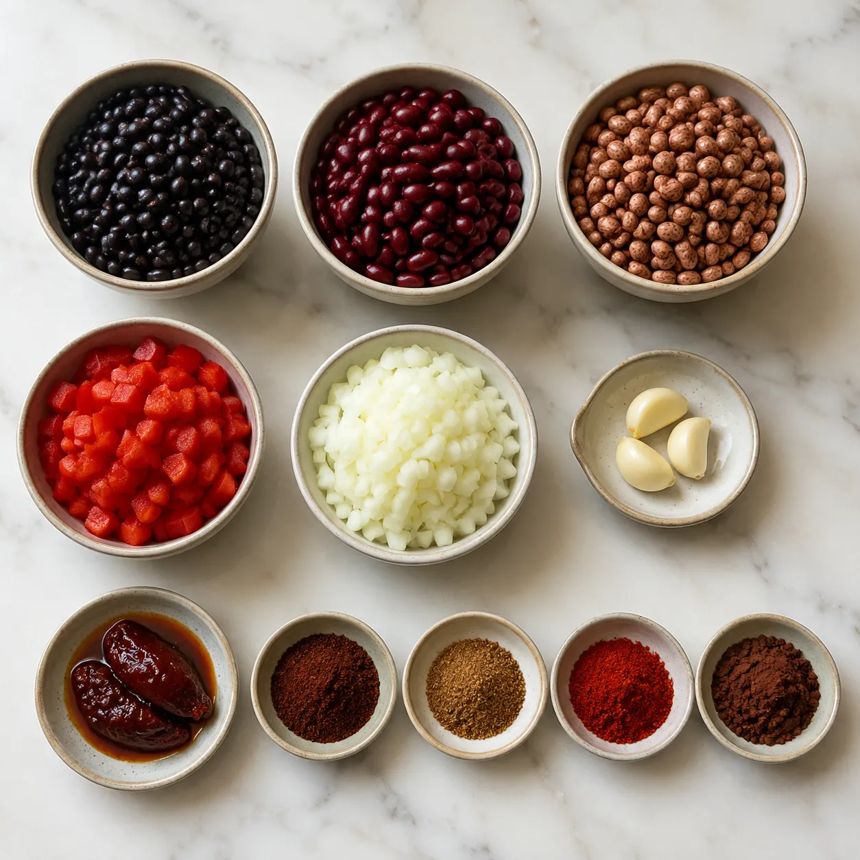 Ingredients flatlay for vegan chili recipe with three beans and spices