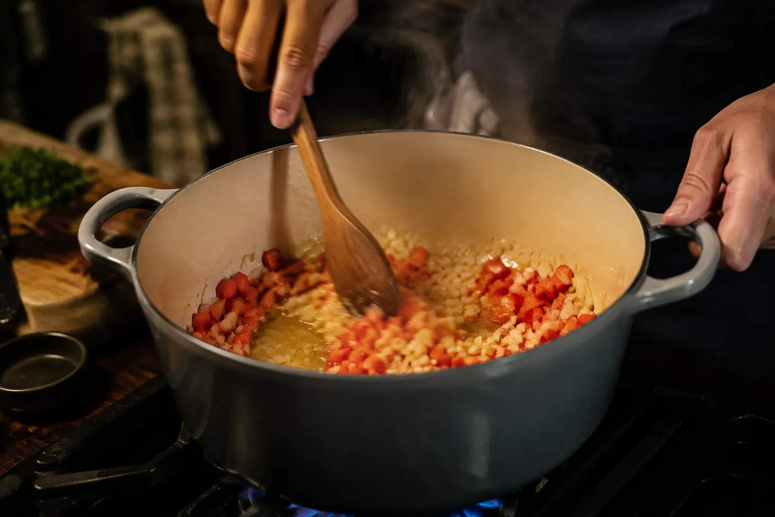 Sautéing onions and peppers for vegan chili in a Dutch oven