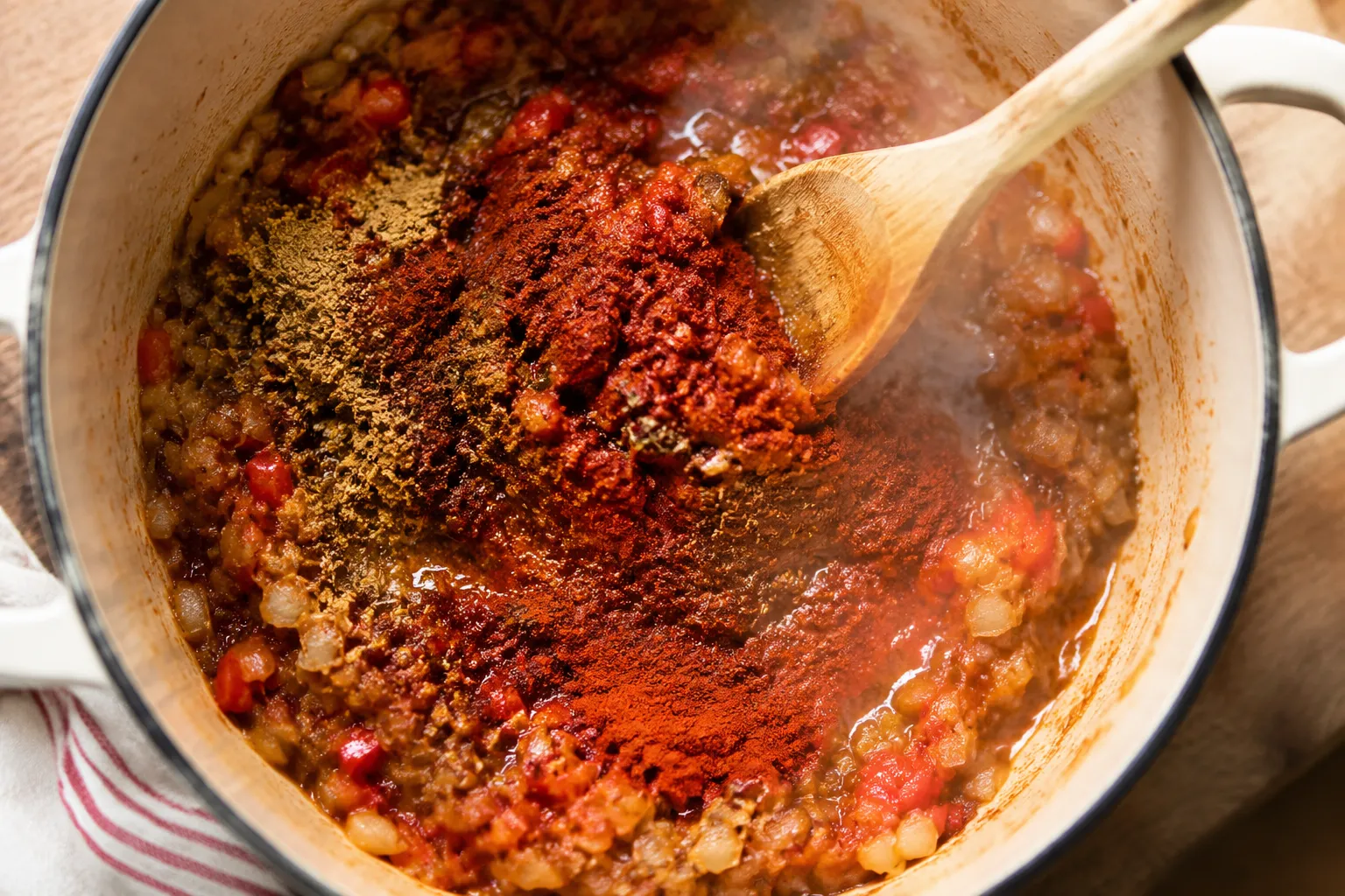Blooming chili spices in the pot for homemade vegan chili