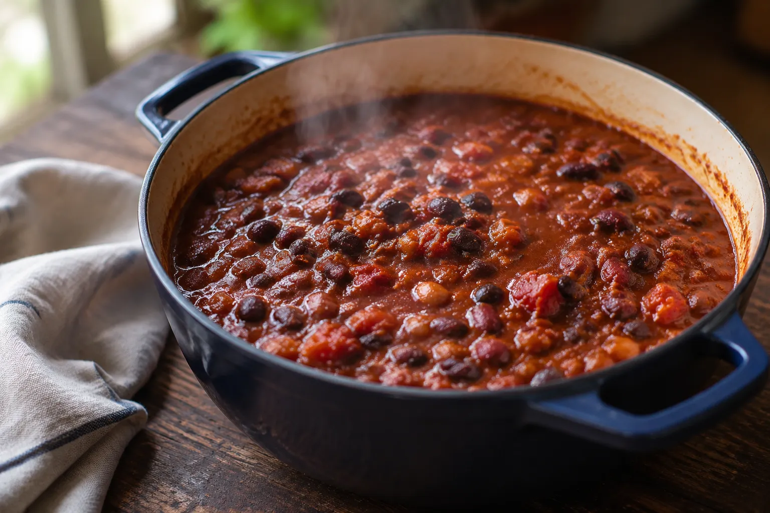 Vegan three-bean chili simmering in a Dutch oven