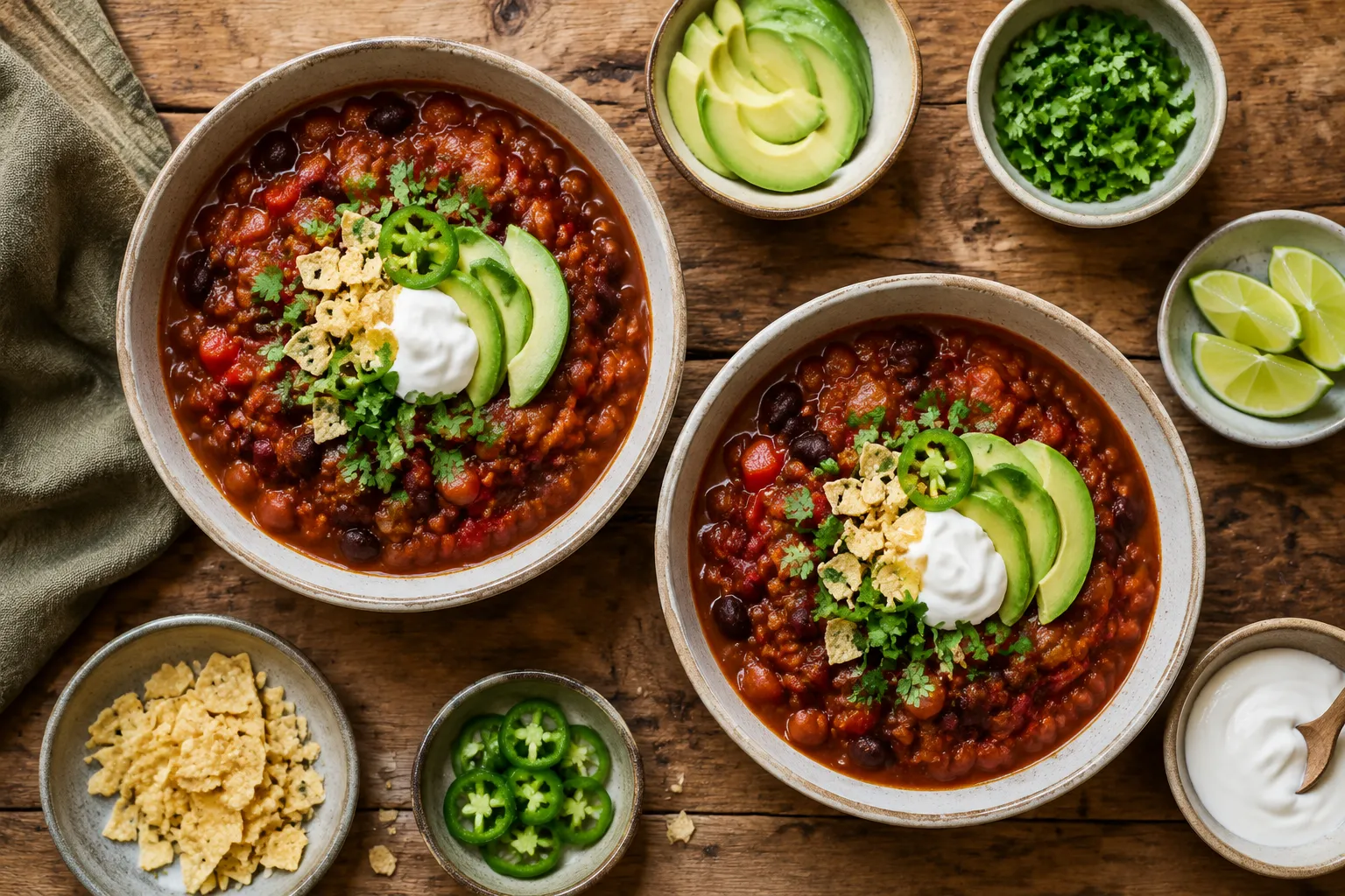 Plant-based vegan chili recipe served with classic toppings bar