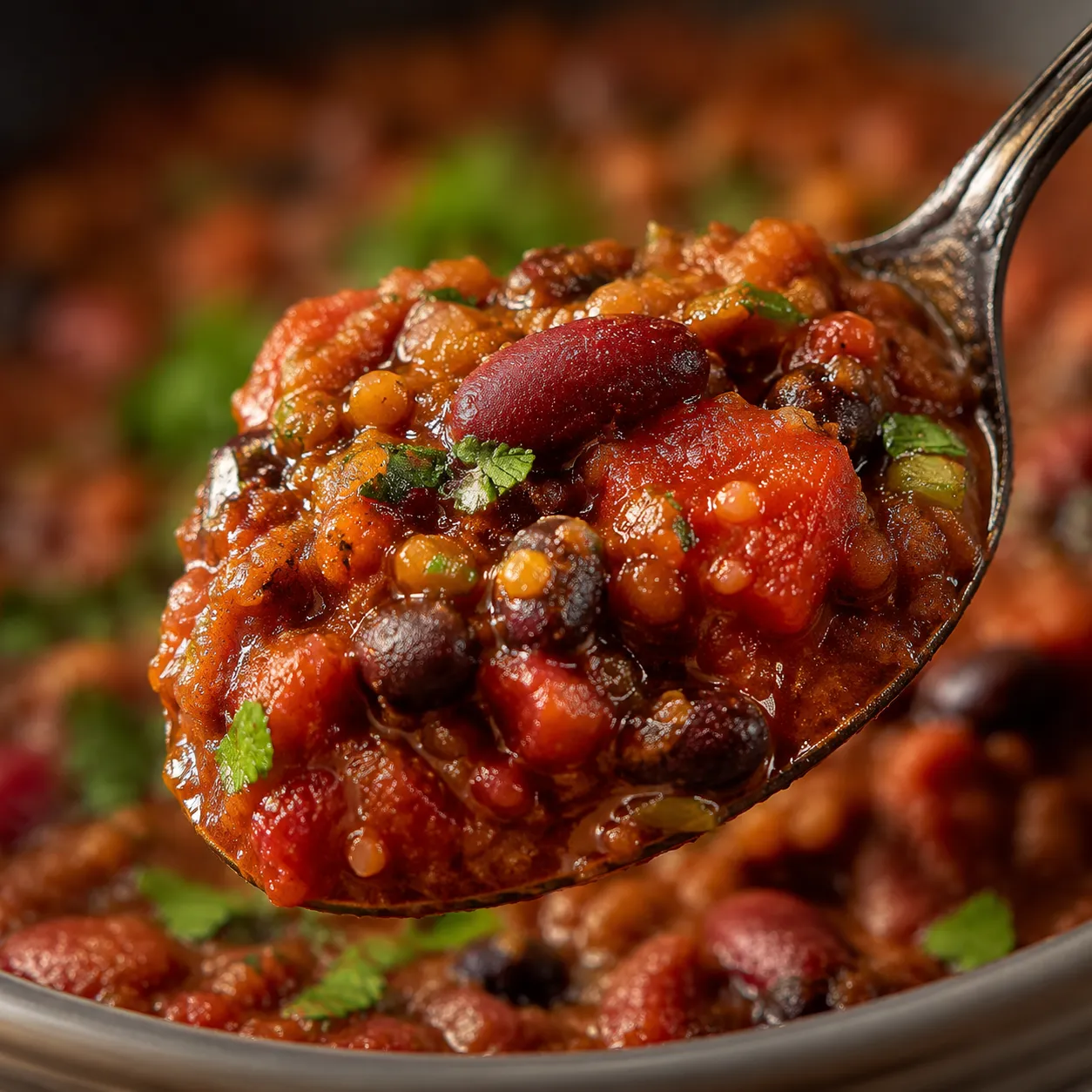 Close-up of hearty vegan chili on a spoon