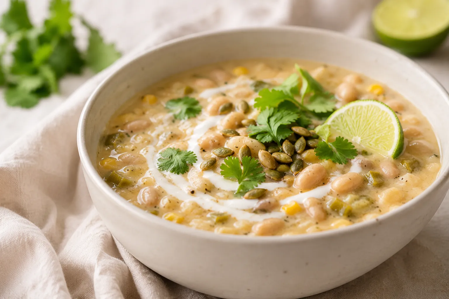 Vegan white bean chili variation with cashew cream and cilantro