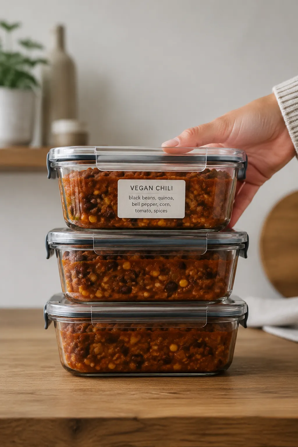 Vegan chili stored in meal-prep containers for the fridge and freezer
