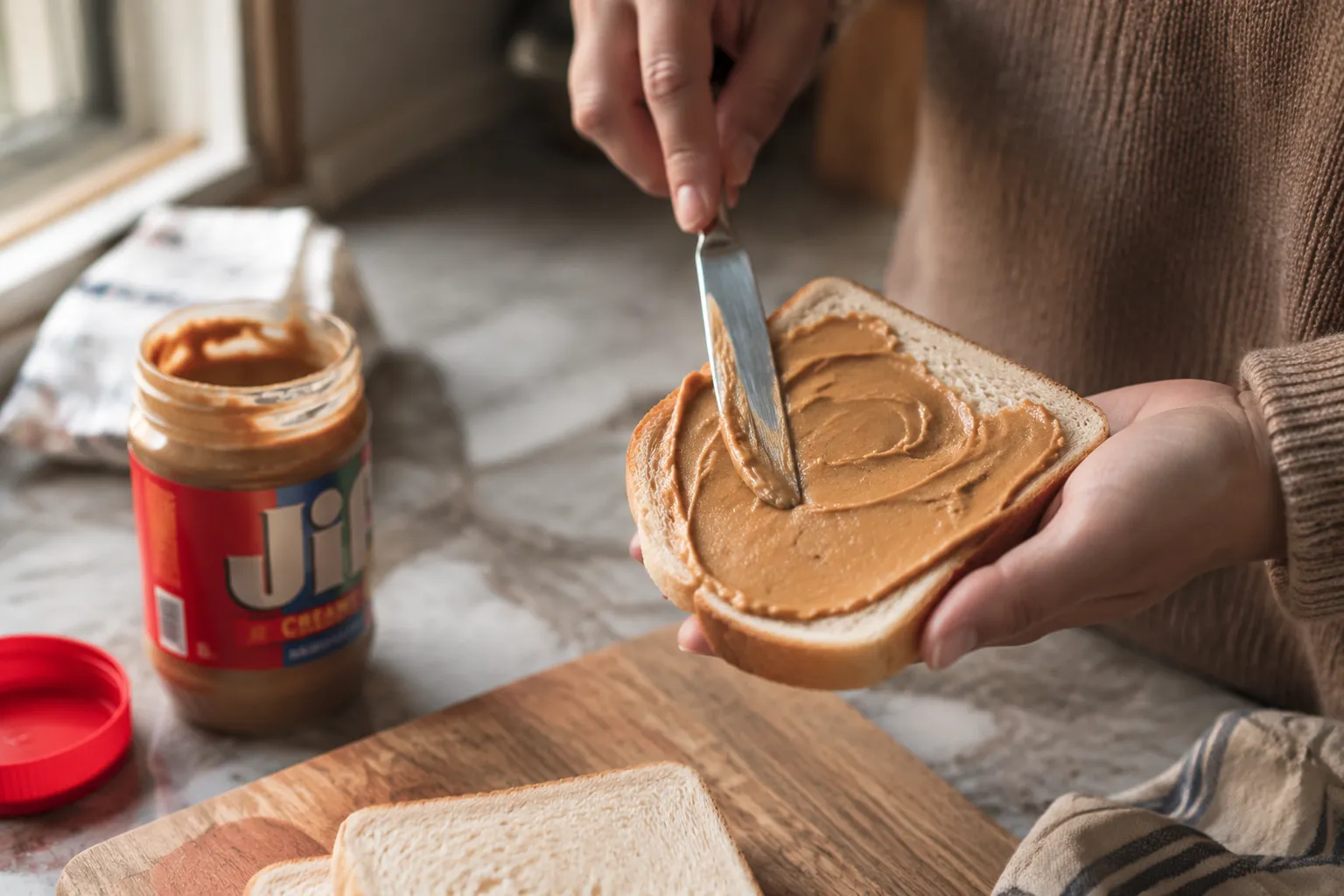 Spreading creamy peanut butter on white bread for Alan Jackson sandwich