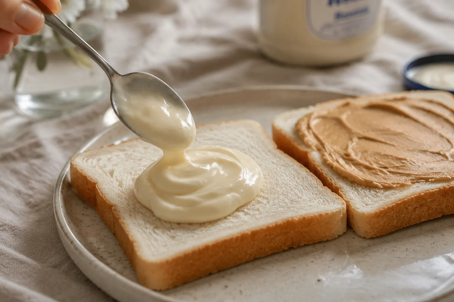 Adding mayonnaise to Southern peanut butter and mayo sandwich