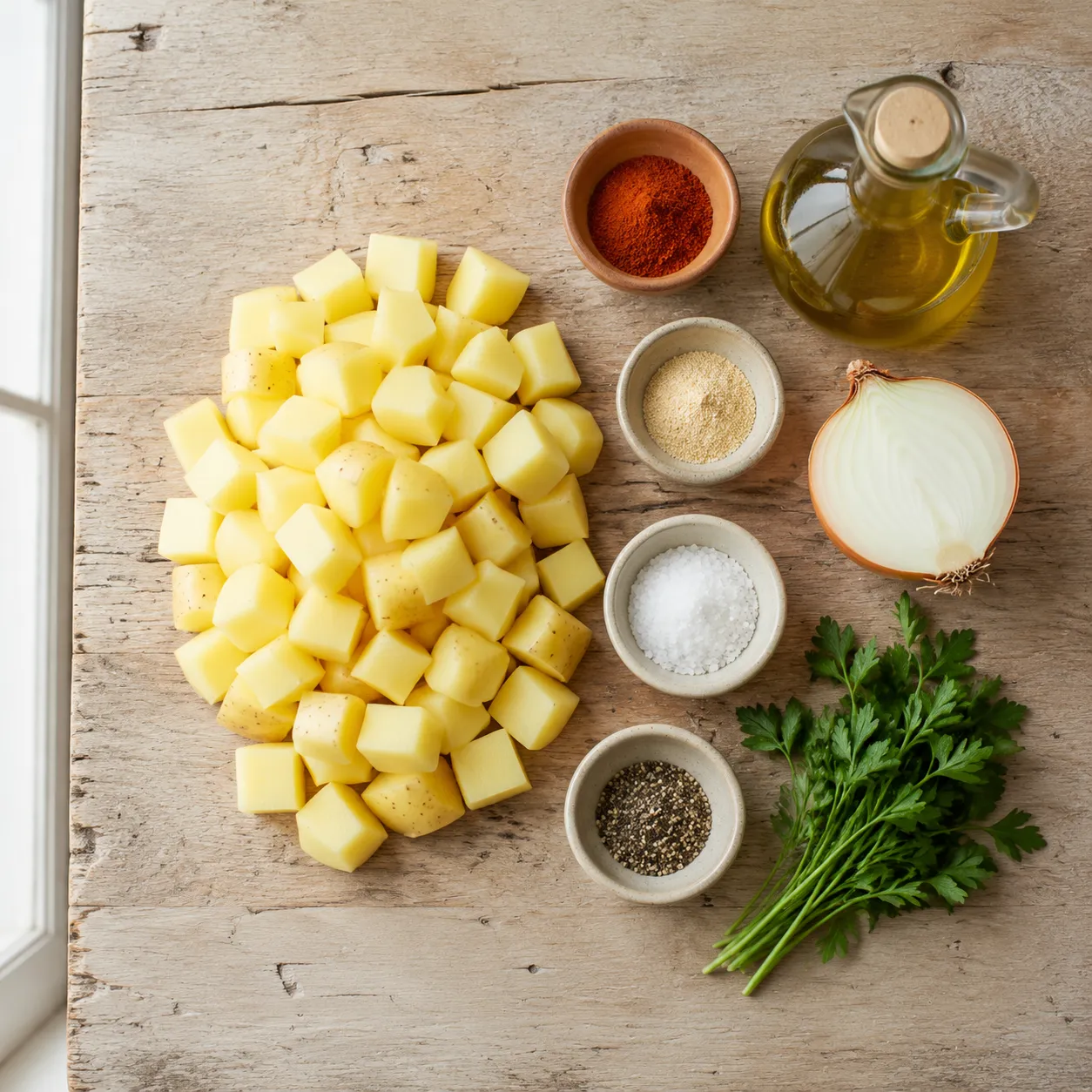 Breakfast potatoes ingredients flatlay with Yukon Golds, spices, olive oil, and parsley