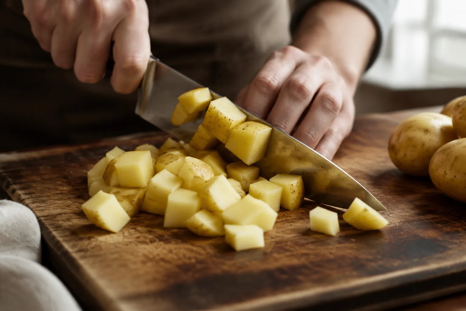 Dicing Yukon Gold potatoes into cubes for crispy breakfast potatoes