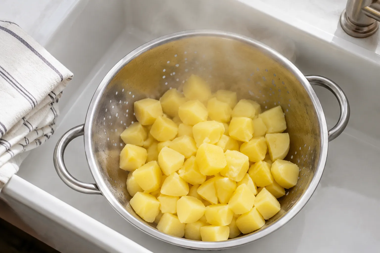 Parboiled potatoes draining in a colander before searing for crispy edges