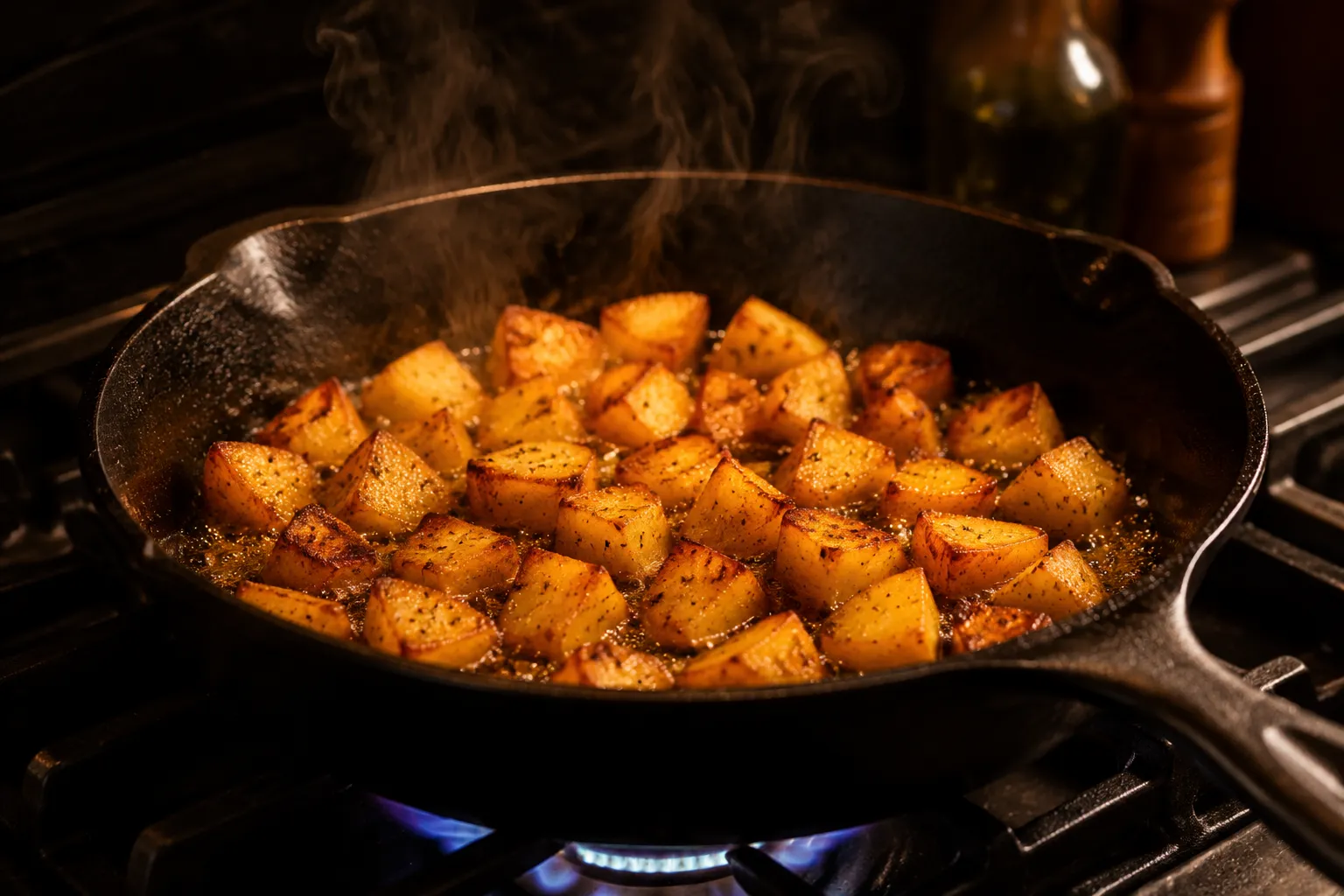Searing breakfast potatoes in a cast-iron skillet for crispy golden edges