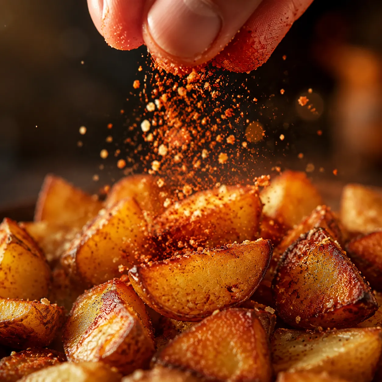 Sprinkling smoked paprika seasoning over crispy breakfast potatoes