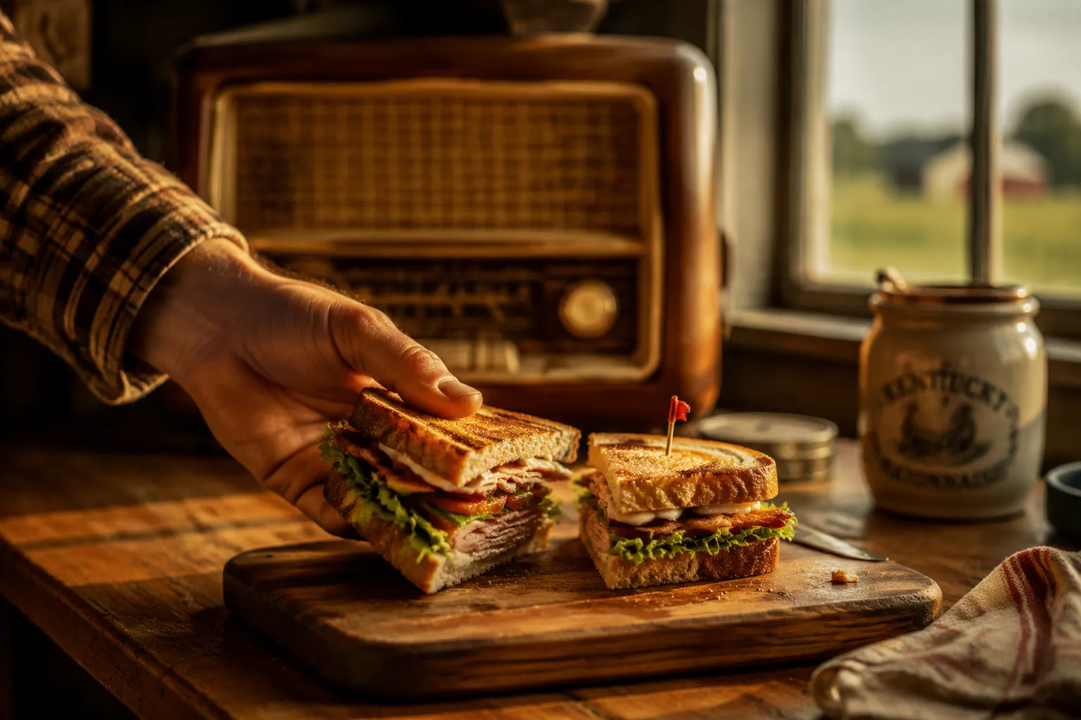 Lifestyle shot of Alan Jackson inspired Southern sandwich on a wooden board