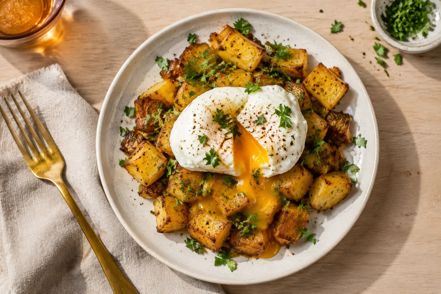 Plated breakfast potatoes with a poached egg and parsley