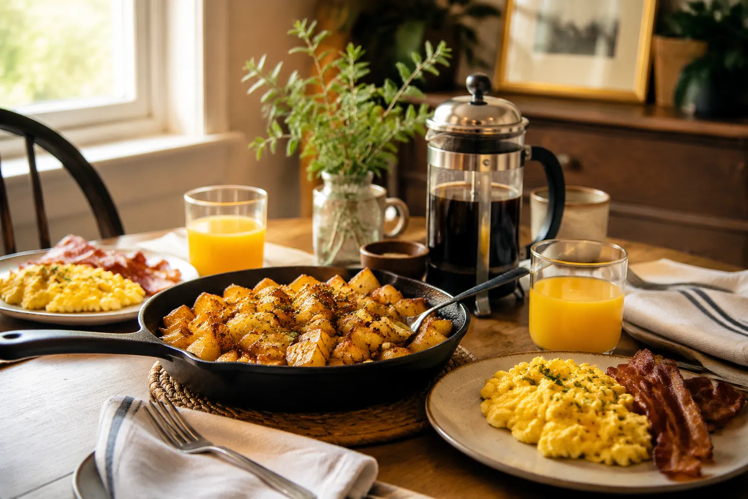 Breakfast potatoes served alongside eggs, bacon, and coffee for brunch
