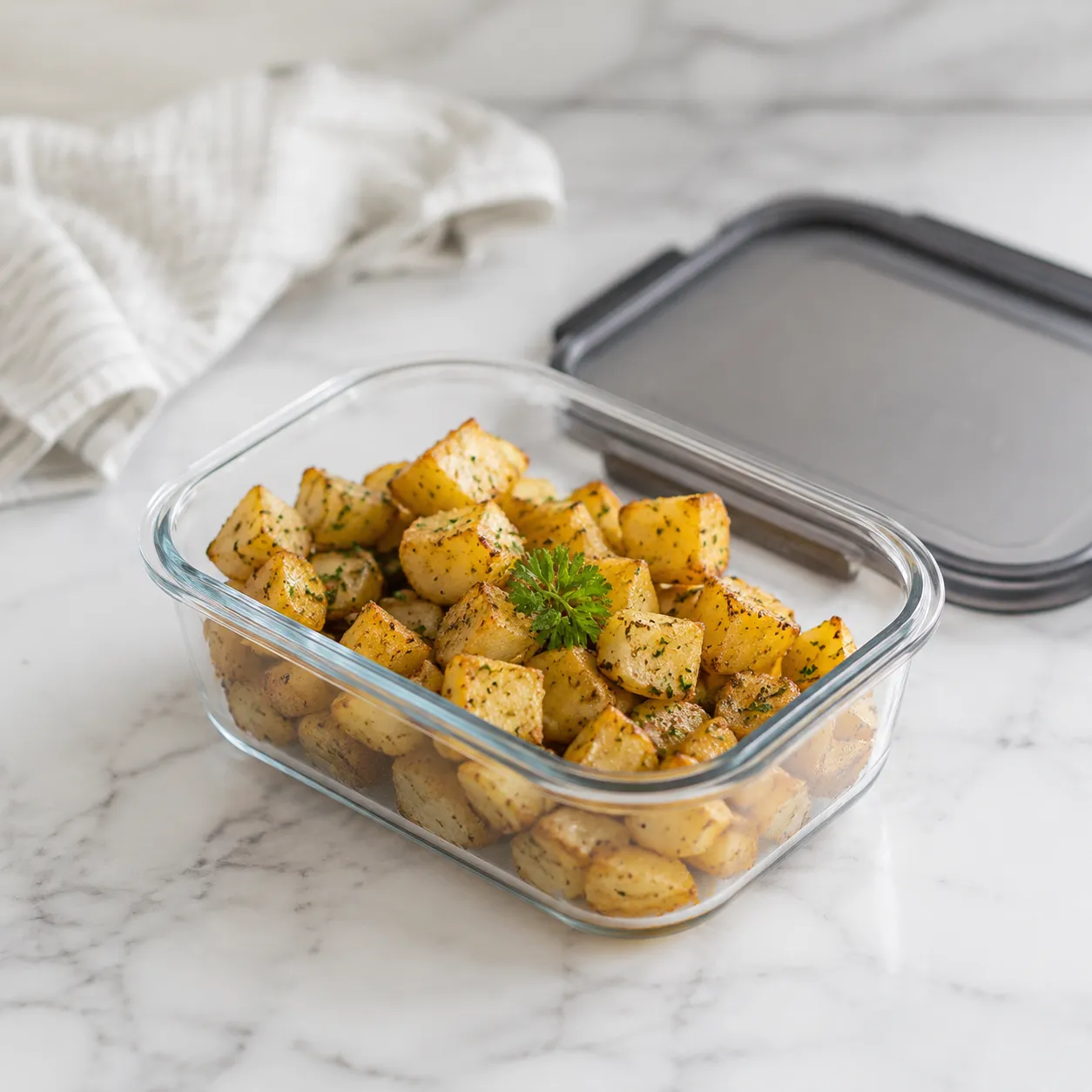 Storing leftover breakfast potatoes in a glass meal-prep container